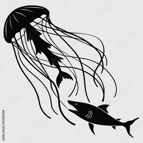 A jellyfish stinging a predatory fish image silhouette design vector art and illustration