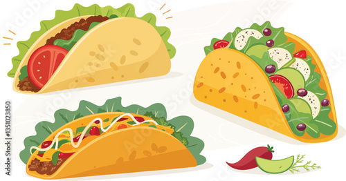 Taco Illustration vector design, Taco Logo and icon design, Set of Taco vector design