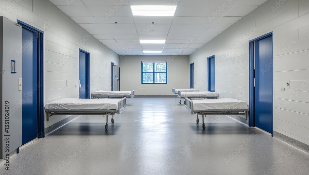 Fototapeta premium Hospital Hallway with Beds and Blue Doors Provides a Clean Environment
