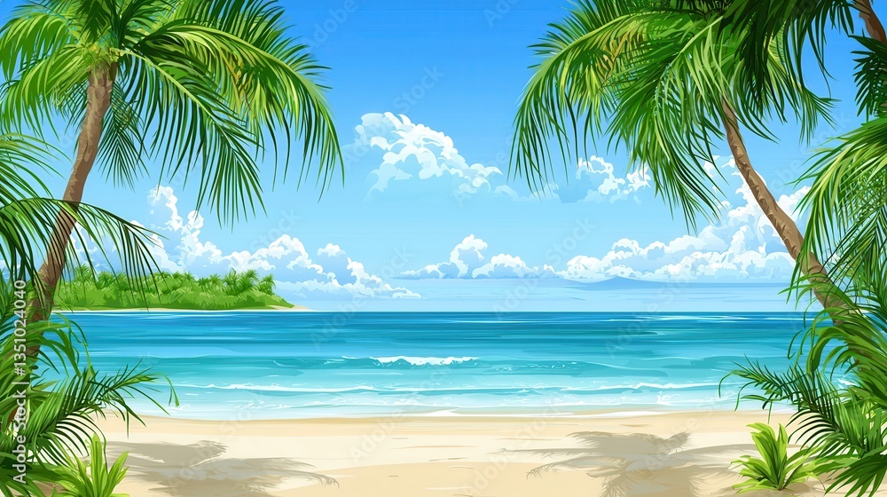 Fototapeta premium Idyllic Tropical Beach Scene Palm Trees Ocean and Sky