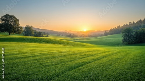Sunset over rolling green hills