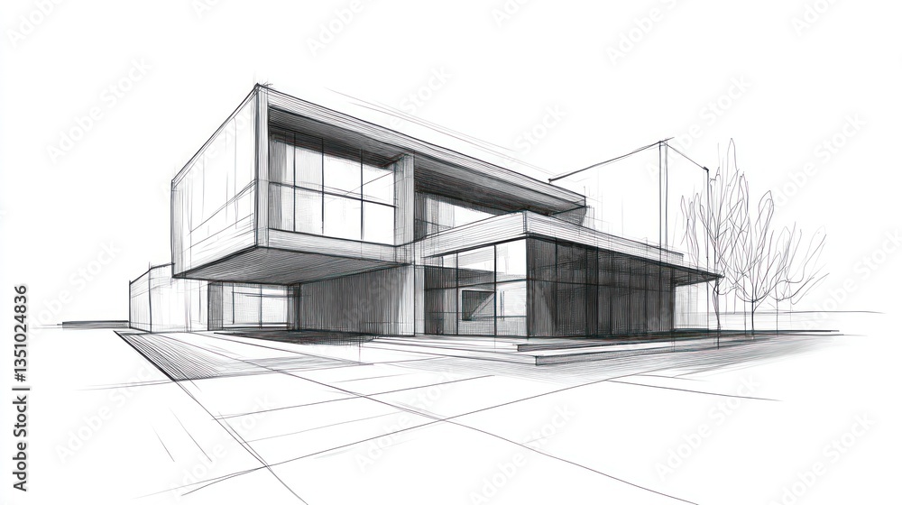 Architectural sketch of modern house exterior (1) Architectural sketch of modern house exterior (1)