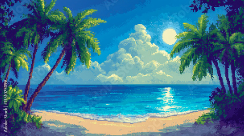 Pixel art illustration of a serene beach scene with tall palm trees gently swaying in the breeze