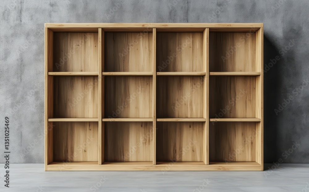 Empty wooden shelving unit against a concrete wall. Interior design, storage solution Empty wooden shelving unit against a concrete wall. Interior design, storage solution