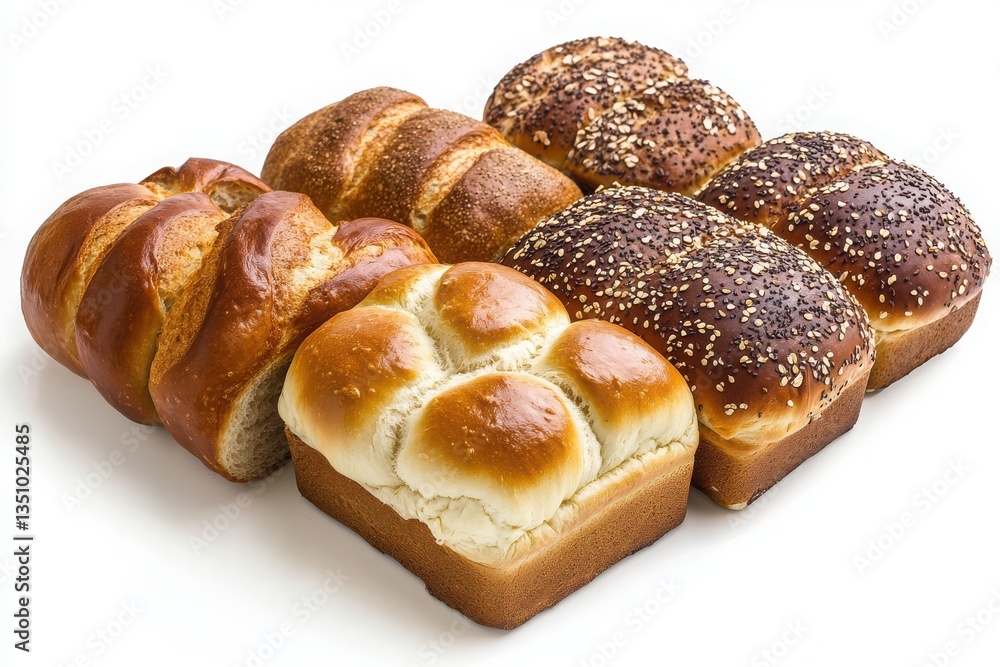 A collection of various loaves of bread displayed on a white surface A collection of various loaves of bread displayed on a white surface