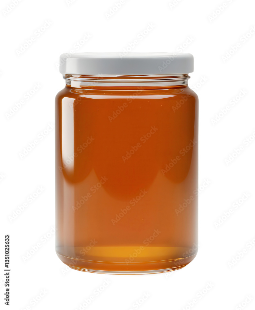 Glass Jar of Honey with Golden Liquid and Embossed Logo on a Clean Background Glass Jar of Honey with Golden Liquid and Embossed Logo on a Clean Background