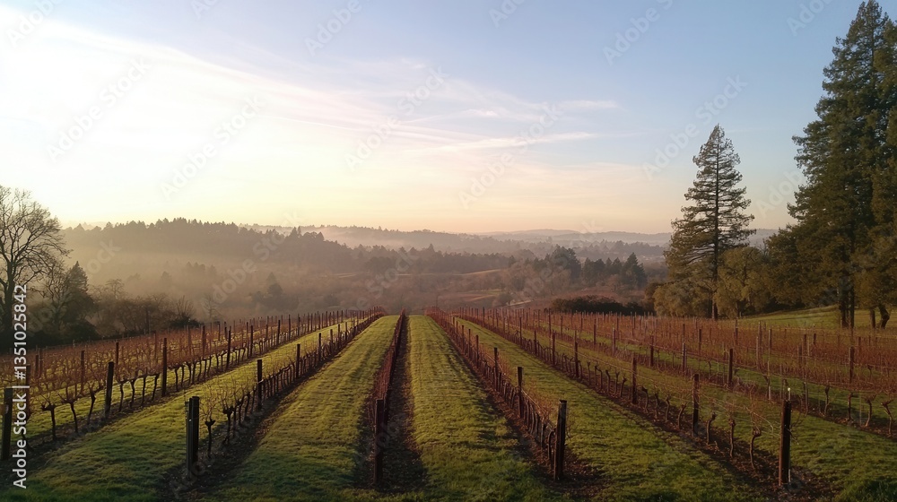 Naklejka premium Serene Vineyard Landscape at Sunrise Rolling Hills and Misty Valley