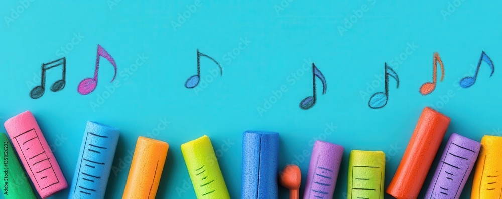Creativity in music composition flat design top view music theme cartoon drawing colored pastel Creativity in music composition flat design top view music theme cartoon drawing colored pastel