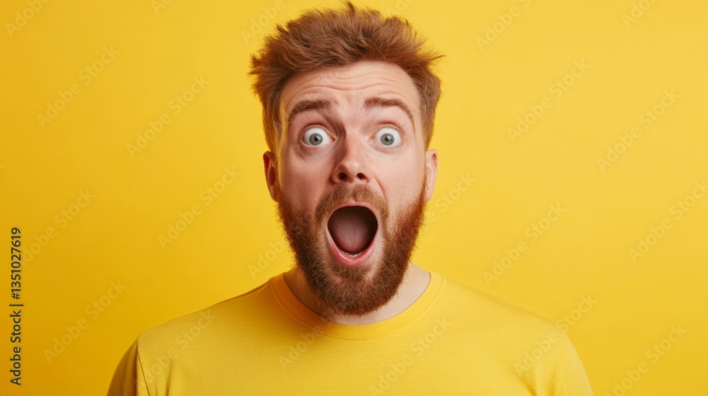 Man with open mouth showing surprise against bright yellow background wearing a yellow t-shirt Man with open mouth showing surprise against bright yellow background wearing a yellow t-shirt