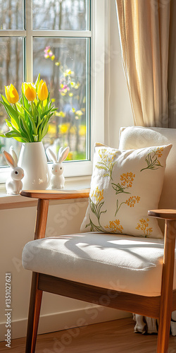Spring living room with design armchair, furniture, vase with flowers,Home decor,Easter holidays,modern living room interior with easter flowers,living room with Easter decorations,vase with tulips,Ai