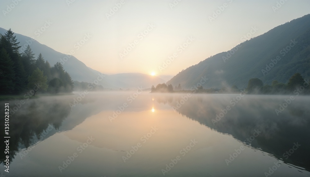 Fototapeta premium Misty sunrise over lake with soft reflections and peaceful mountains