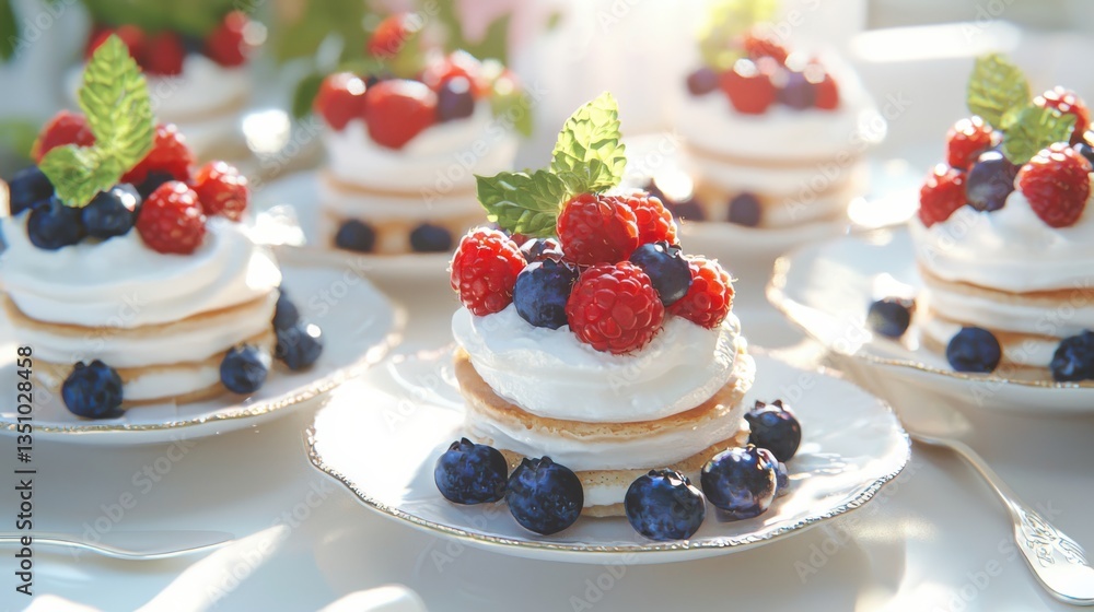 Delicious miniature pavlova topped with berries at a garden party food photography bright and inviting atmosphere Delicious miniature pavlova topped with berries at a garden party food photography bright and inviting atmosphere