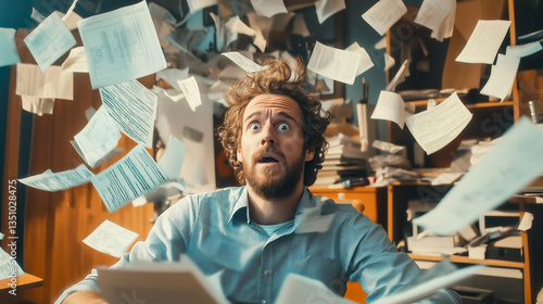 A stressed man struggles as he drowns in a massive pile of documents, overwhelmed by paperwork and deadlines. The concept of workplace stress, bureaucracy, and information overload. Generative AI.