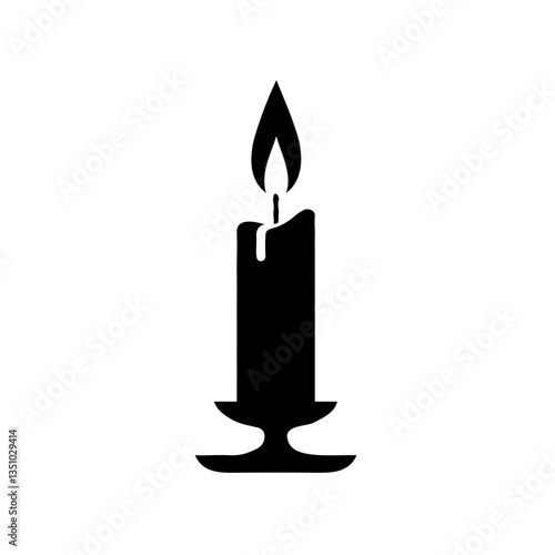 A black silhouette of candle with candle stick on a plain white background.