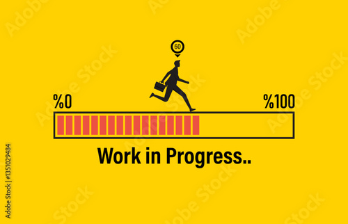 Work in progress loading bar with silhouette businessman running on bar to achieve full progress