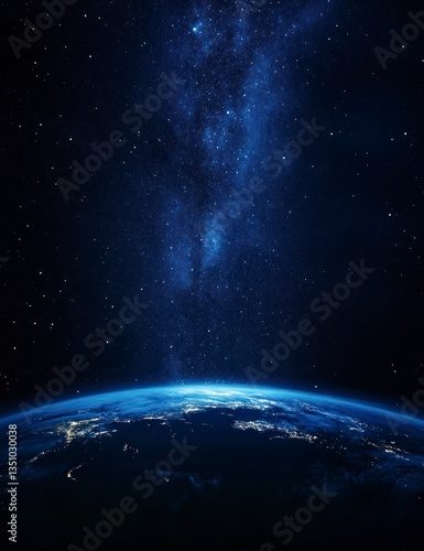 Earth and Milky Way Galaxy Concept Showing Light Over City Horizon