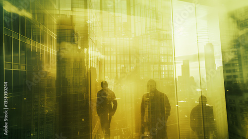 Business Professionals in Office Building with Cityscape, Silhouette Double Exposure, Collaborative Corporate Environment