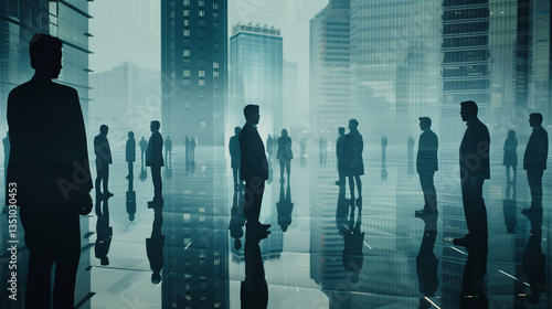 Business Professionals in Office Building with Cityscape, Silhouette Double Exposure, Collaborative Corporate Environment