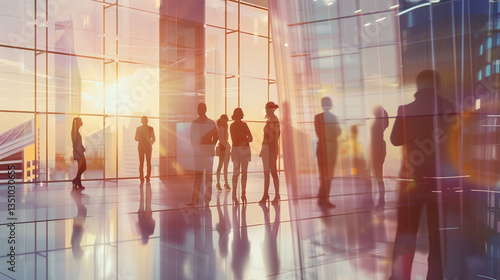 Business Professionals in Office Building with Cityscape, Silhouette Double Exposure, Collaborative Corporate Environment