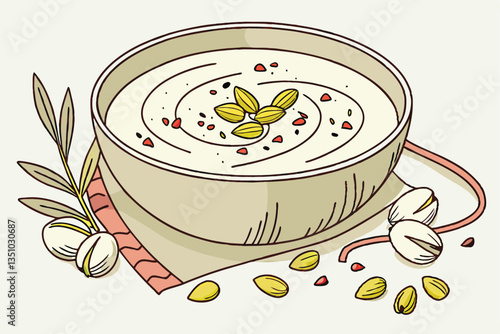 83 Creamy white soup, ceramic bowl, textured pottery, pistachio garnish, golden oil drizzle, red spice flakes, gourmet presentation, soft lighting, clean background, high-resolution food photography, 