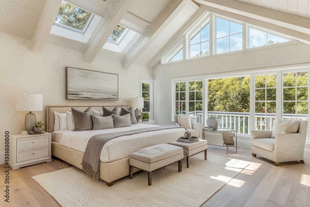 Bright, spacious master bedroom with vaulted ceiling, large windows, and hardwood floors. Bright, spacious master bedroom with vaulted ceiling, large windows, and hardwood floors.