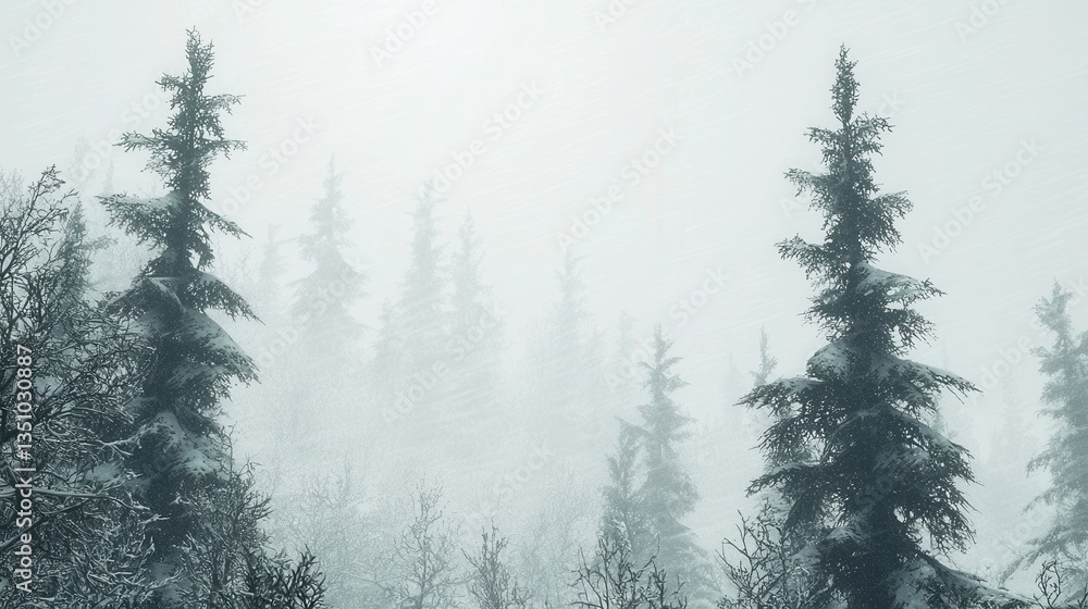 Obraz premium Snowy Coniferous Forest in a Winter Fog