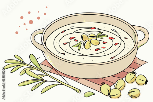 83 Creamy white soup, ceramic bowl, textured pottery, pistachio garnish, golden oil drizzle, red spice flakes, gourmet presentation, soft lighting, clean background, high-resolution food photography, 