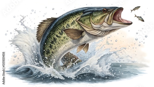 A dynamic action shot of an American fish, like a largemouth bass or muskellunge, breaking the water’s surface as it catches prey, with dramatic water splashes and detailed textures on the fish’s body