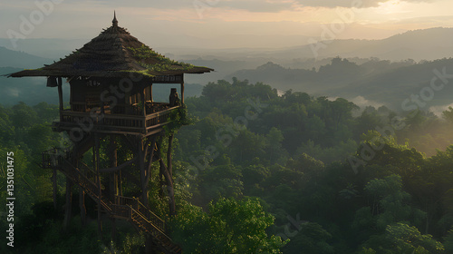 Wallpaper Mural Rustic Watchtower Overlooking Lush Forest with Distant Misty Mountains at Dawn or Dusk Torontodigital.ca