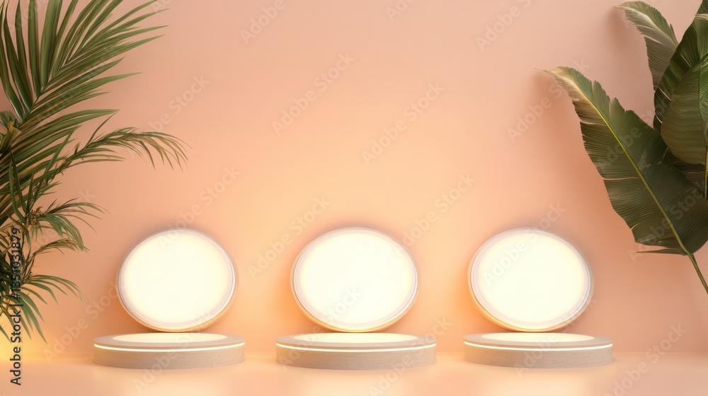 Fototapeta premium Empty light beige podiums with tropical plants. Possible use Product presentation or display