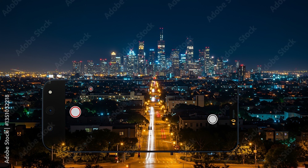 A smartphone in night mode capturing a stunning cityscape. A smartphone in night mode capturing a stunning cityscape.