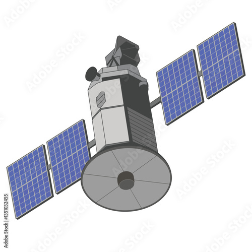 Communications satellite in space, transmitting signals. Isolated vector illustration on a white background.