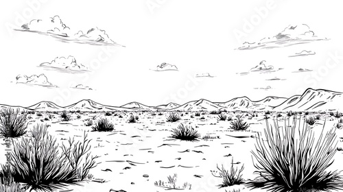 Desert landscape sketch with sun, and clouds.