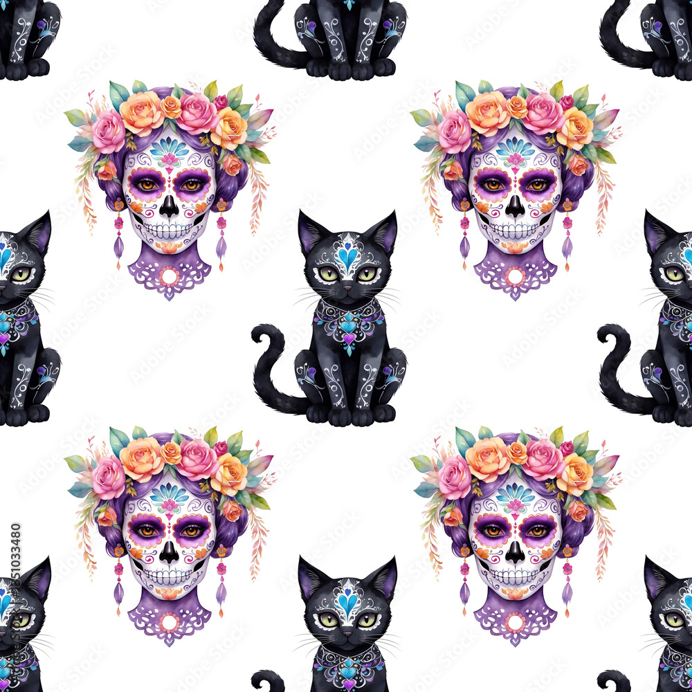 Fototapeta premium Colorful decorative pattern featuring sugar skulls and black cats celebrating cultural traditions