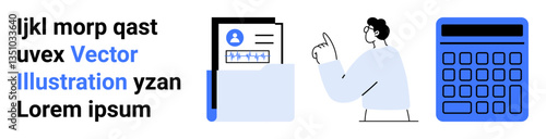Folder with document and profile photo, person pointing at data, digital calculator. Ideal for business, finance, data management, productivity, organization, teamwork simple landing page
