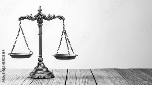 Antique scale of justice on wooden table