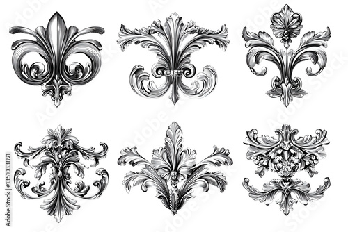 Elegant Baroque Fleur-de-lis and Floral Designs Black and White Collection isolated on transparent background