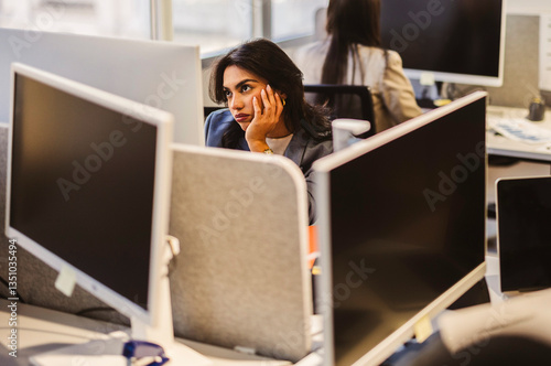 Billede på lærred Bored businesswoman resting chin in hand at office cubicle