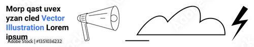 Megaphone amplifying sound, abstract cloud, and lightning bolt signifying communication, energy, impact. Ideal for energy topics, announcements, creativity, power messaging weather simple landing