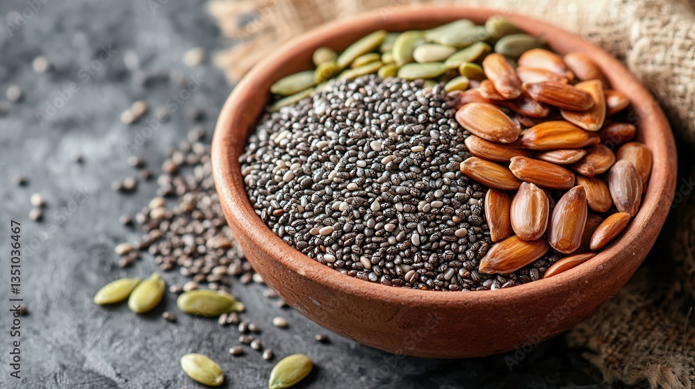 Fototapeta premium Healthy Seeds Mix in Rustic Bowl Chia Pumpkin Sunflower