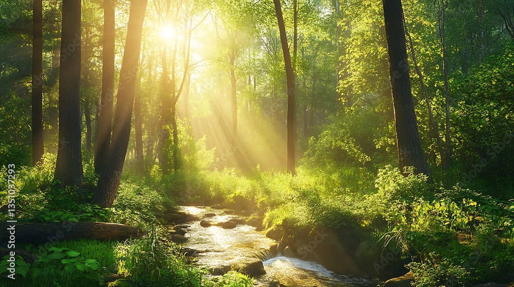 Fototapeta premium Sunlit Forest Stream with Morning Mist.