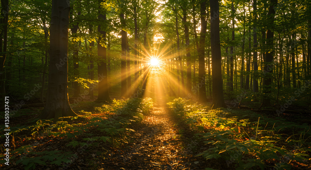 Naklejka premium Sun rays shining through the trees in the forrest