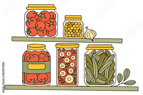 88 Glass jars, preserved foods, yellow lids, tomato sauce, pickled vegetables, olives, garlic cloves, peppers, artichoke hearts, mushrooms, assorted pickles, pantry staples, colorful array, transparen