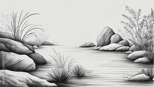 A serene landscape drawing highlighting subtle textures in black and white.  
