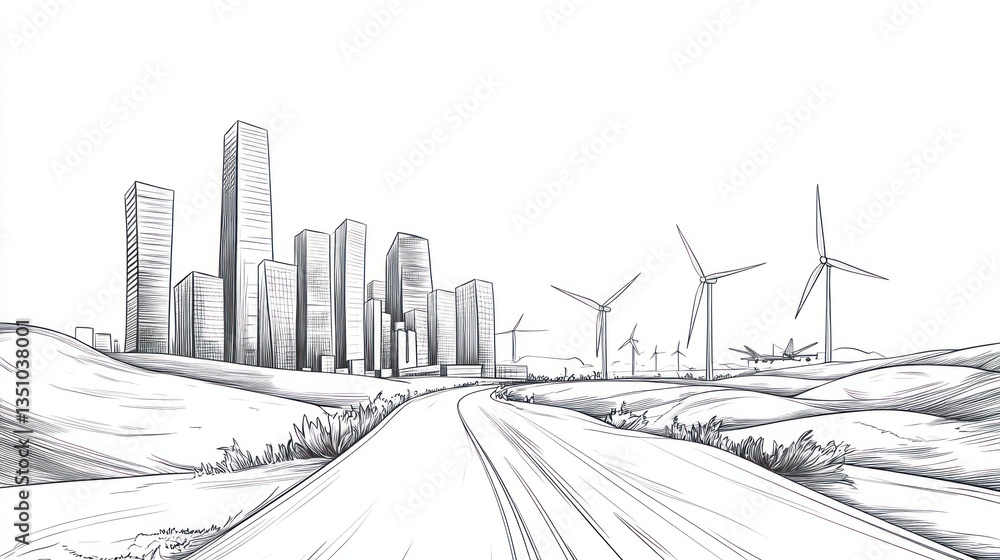 Obraz premium Sketchy city road with wind turbines, urban landscape
