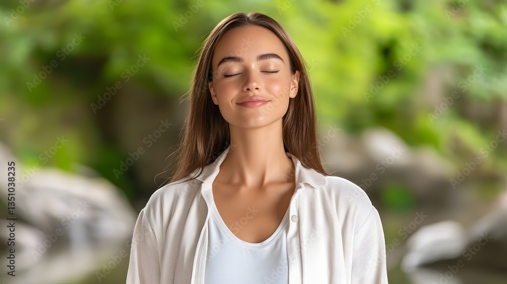 A woman with closed eyes sits in a serene outdoor setting surrounded by lush greenery as she engages in a moment of mindful meditation and finds inner peace and tranquility A woman with closed eyes sits in a serene outdoor setting surrounded by lush greenery as she engages in a moment of mindful meditation and finds inner peace and tranquility