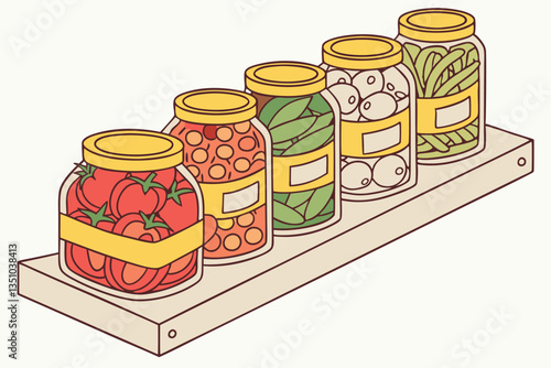 88 Glass jars, preserved foods, yellow lids, tomato sauce, pickled vegetables, olives, garlic cloves, peppers, artichoke hearts, mushrooms, assorted pickles, pantry staples, colorful array, transparen