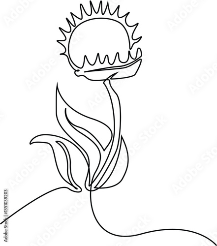 Single one line drawing beauty fresh venus flytrap for home wall decor art. Decorative of dionaea muscipula for video game enemy. Continuous one line draw design graphic vector illustration.