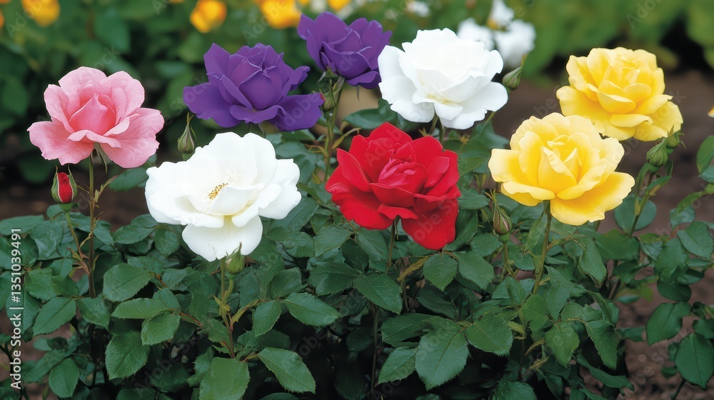 Fototapeta premium Colorful Roses in Bloom with Green Foliage and Vibrant Petals