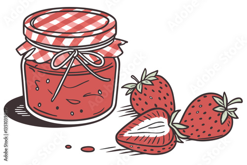 89 Glass jar, homemade strawberry jam, red gingham lid cover, chunky fruit preserves, vibrant red color, rustic kitchen aesthetic, artisanal food photography, clear glass container, seeds visible, sum